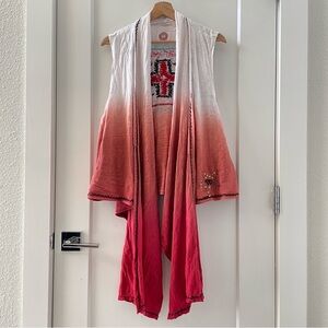 Double D Ranch Duster Open Front Ombre Vest Aztec Cross Star Western L/XL